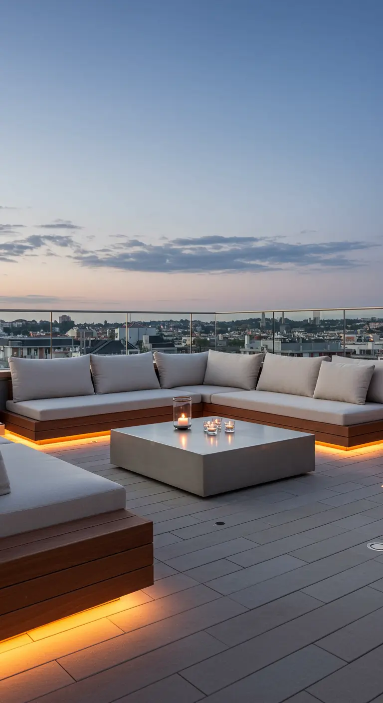 Rooftop terrace with a large sectional sofa lit from below and a concrete coffee table.
