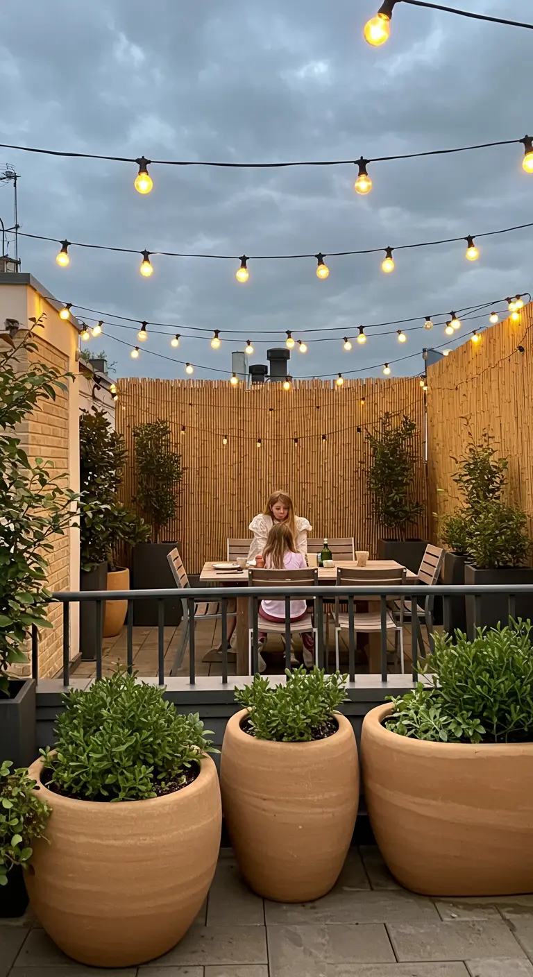 Rooftop dining area under string lights with large planters and a bamboo screen