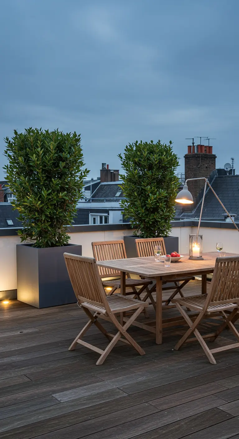A spacious rooftop terrace with a teak dining set and large planters at dusk.