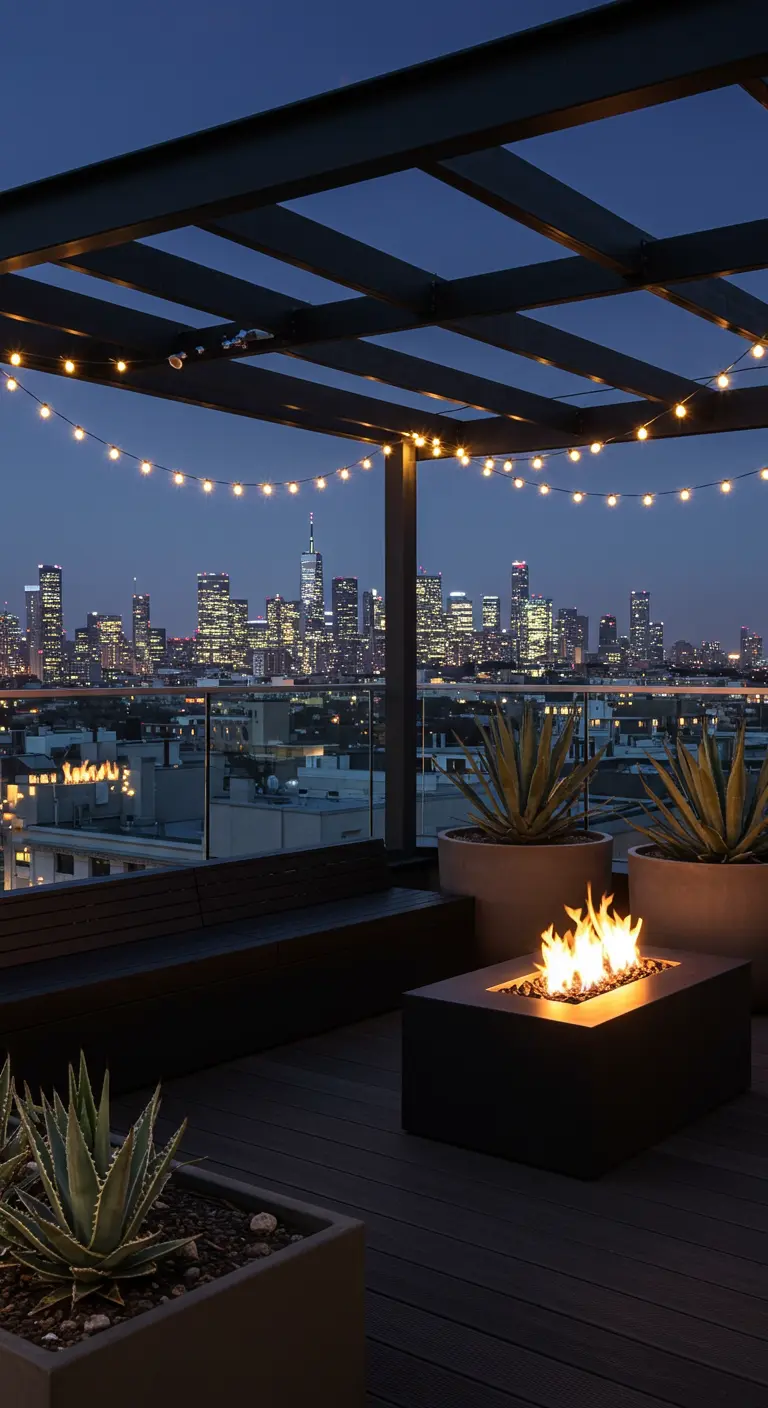 Rooftop terrace with a fire pit, black seating, and a glowing city skyline at night.