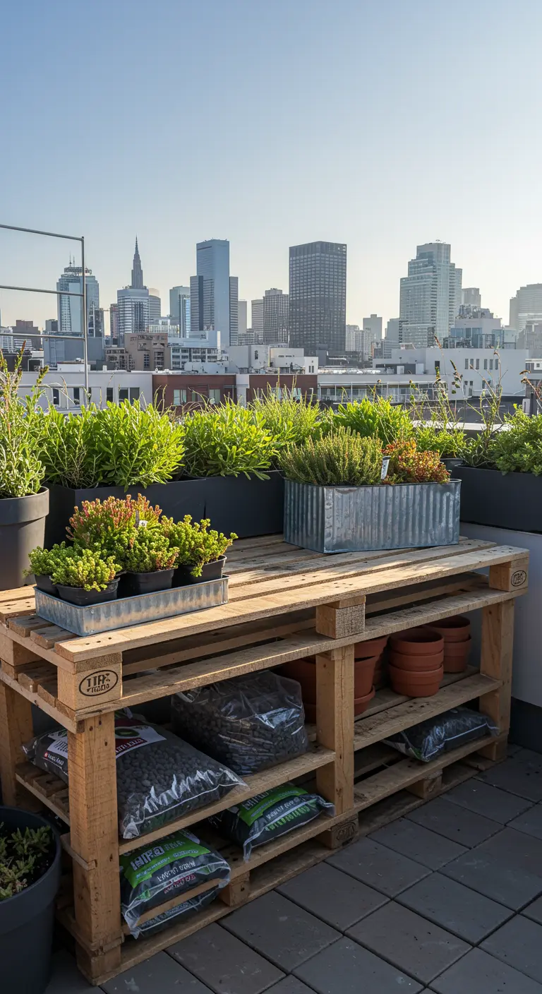 A pallet potting bench on a city rooftop with planters of succulents, against a skyline backdrop.