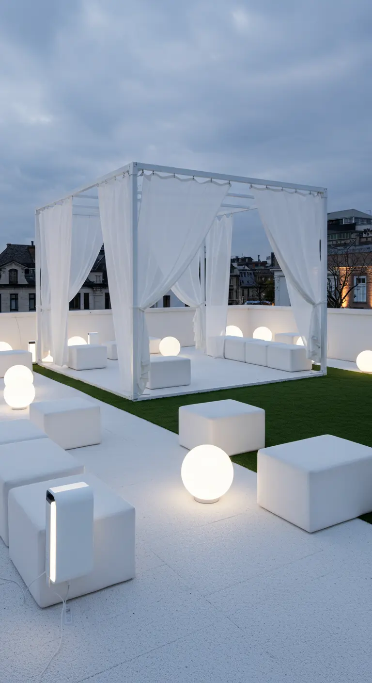 A rooftop party setup with a draped white pergola, glowing orb lights, and cube seating.