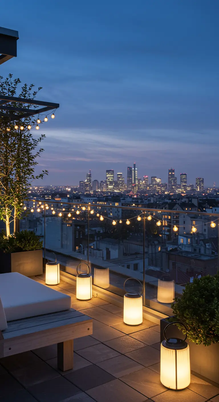 A rooftop terrace at dusk with a wood bench, string lights, and modern lanterns.