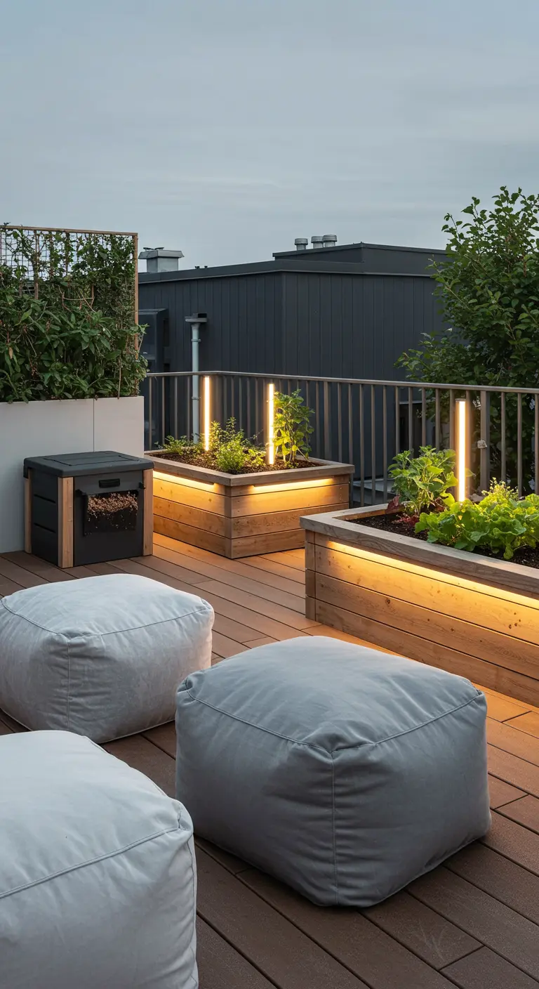 Rooftop garden with raised wooden beds for vegetables, soft grey poufs, and integrated lighting.