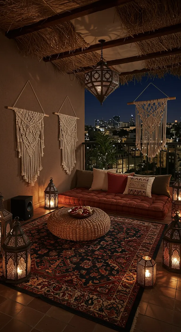 A rooftop balcony at night with low floor seating, macrame wall hangings, and lanterns.