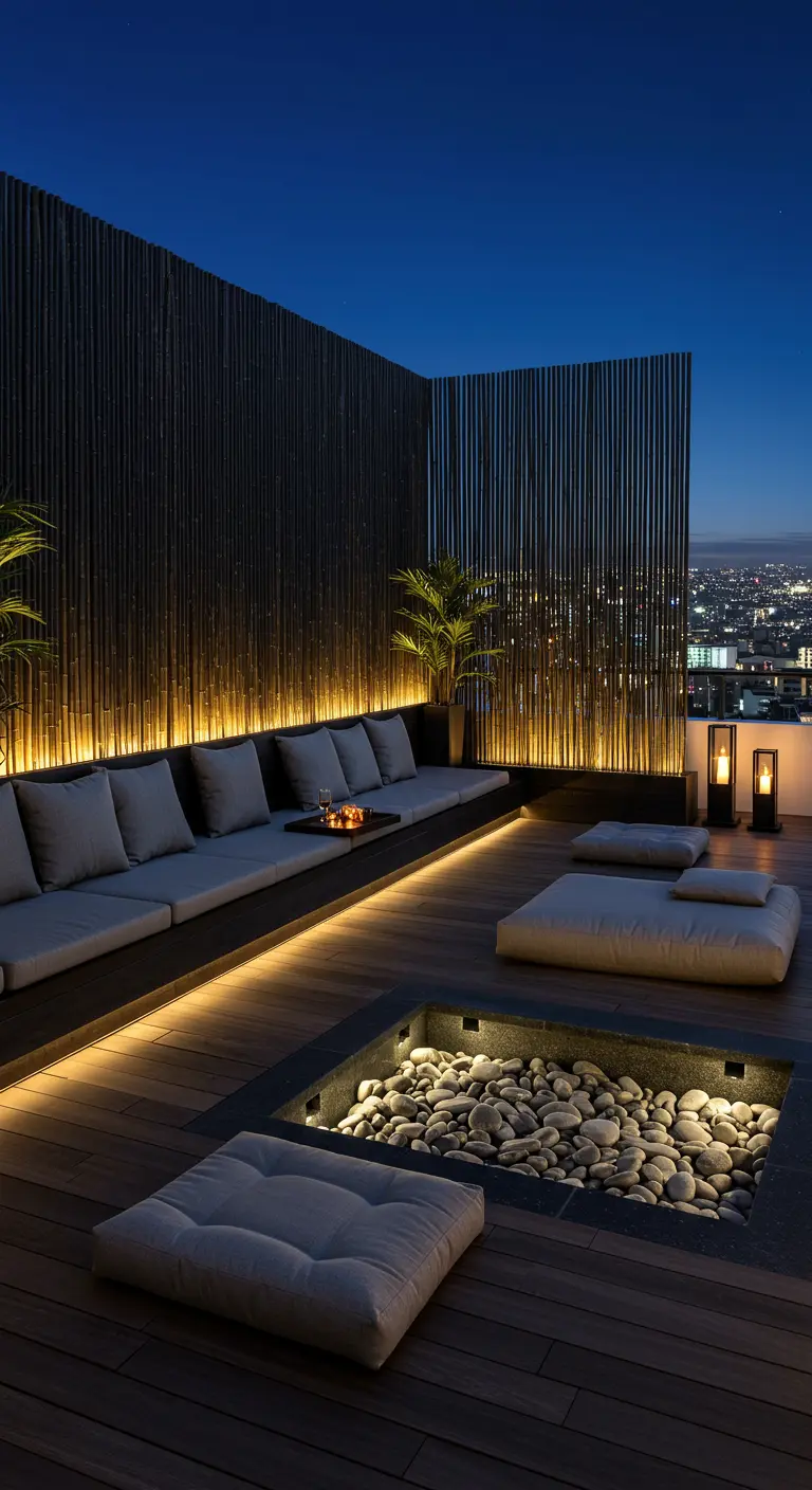 Rooftop terrace at night with a fire pit, bench seating, and an illuminated black wall.