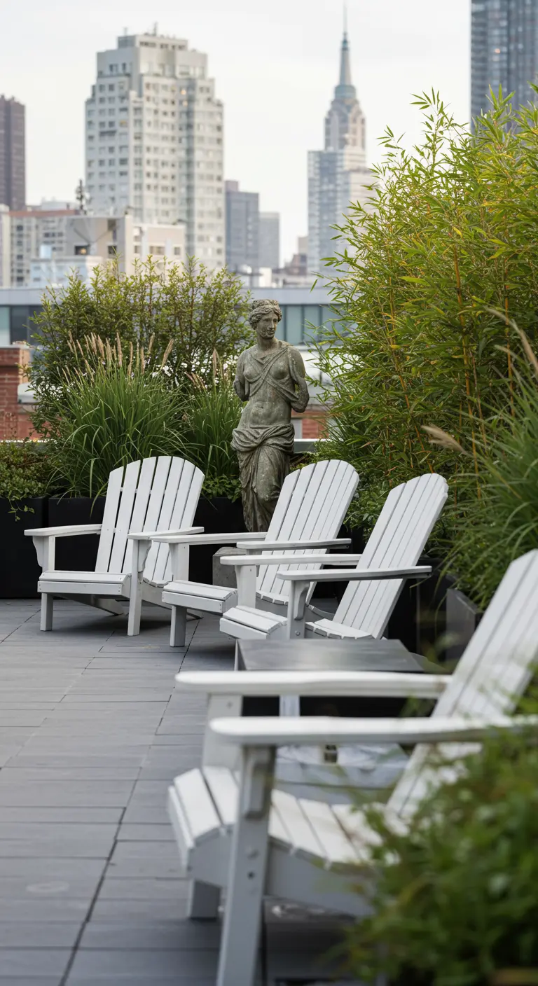 A classical statue stands among bamboo on a city rooftop with white Adirondack chairs.