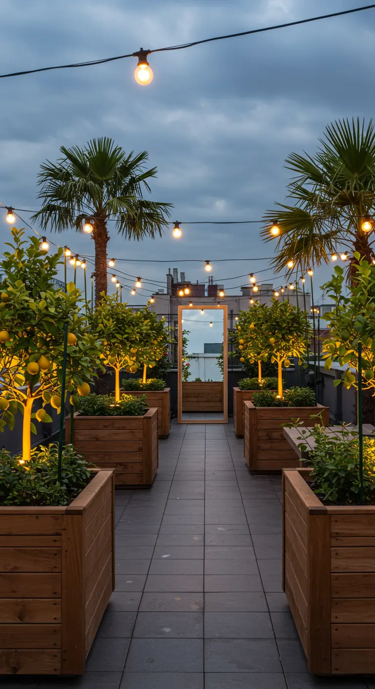 A rooftop garden with rows of potted lemon trees, uplit at night under string lights.