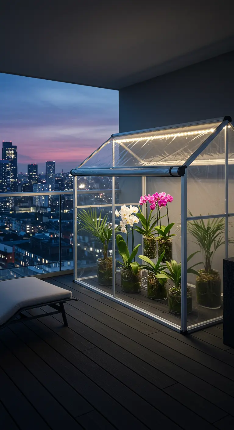 A sleek, glass-paneled mini greenhouse filled with orchids, lit from within on a city balcony.