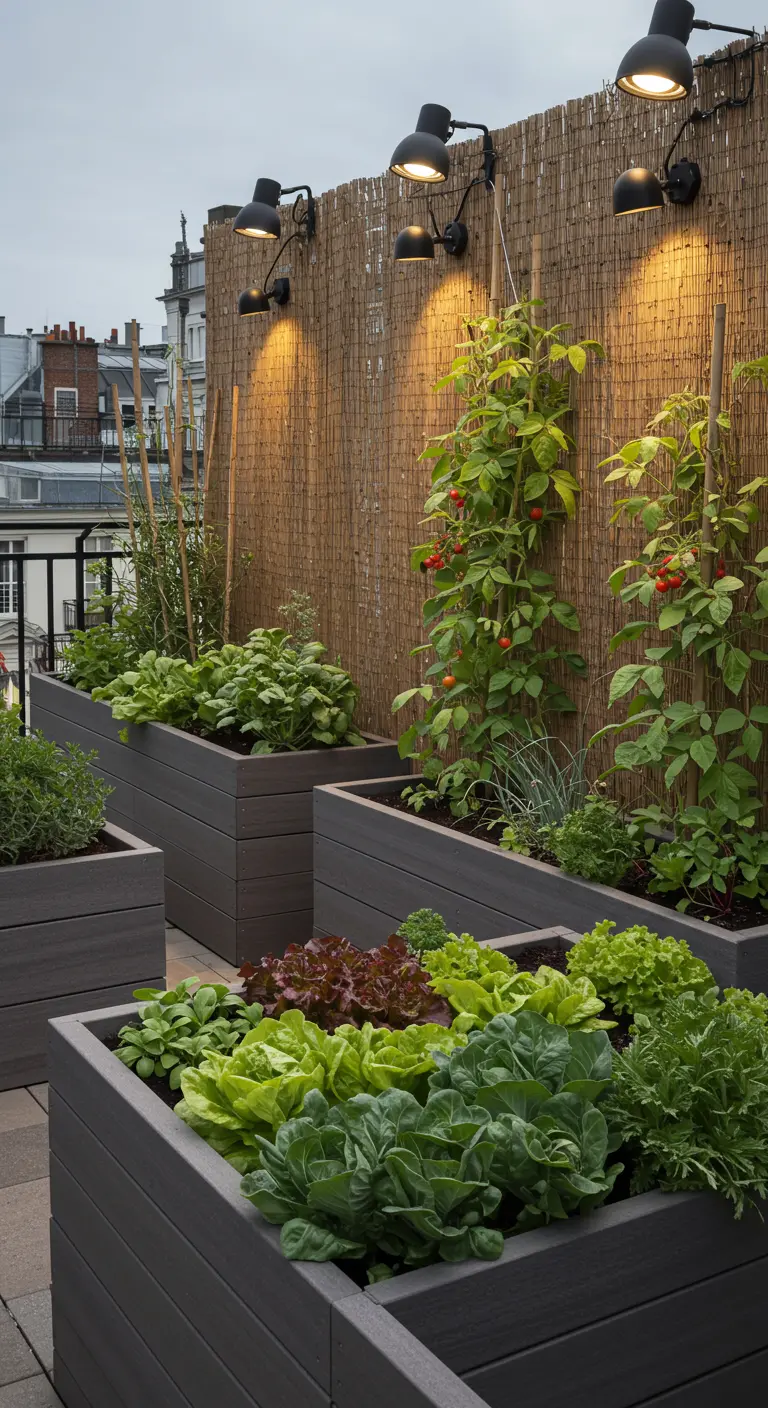 Rooftop garden with raised beds of lettuce and climbing tomatoes, lit by spotlights