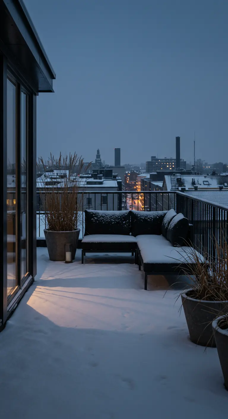 A spacious rooftop terrace in the snow with large planters of ornamental grasses and a modern sofa.