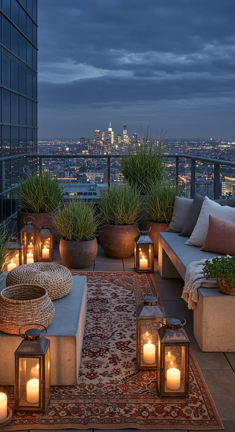 A modern rooftop with concrete benches, ornamental grasses, a Persian rug, and lanterns.