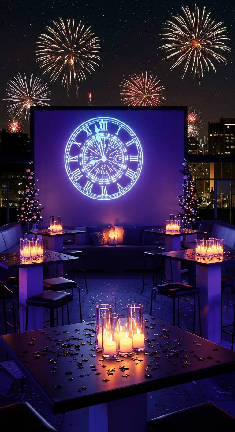 Rooftop party with a large projected clock on a screen, fireworks, and candlelit cocktail tables.