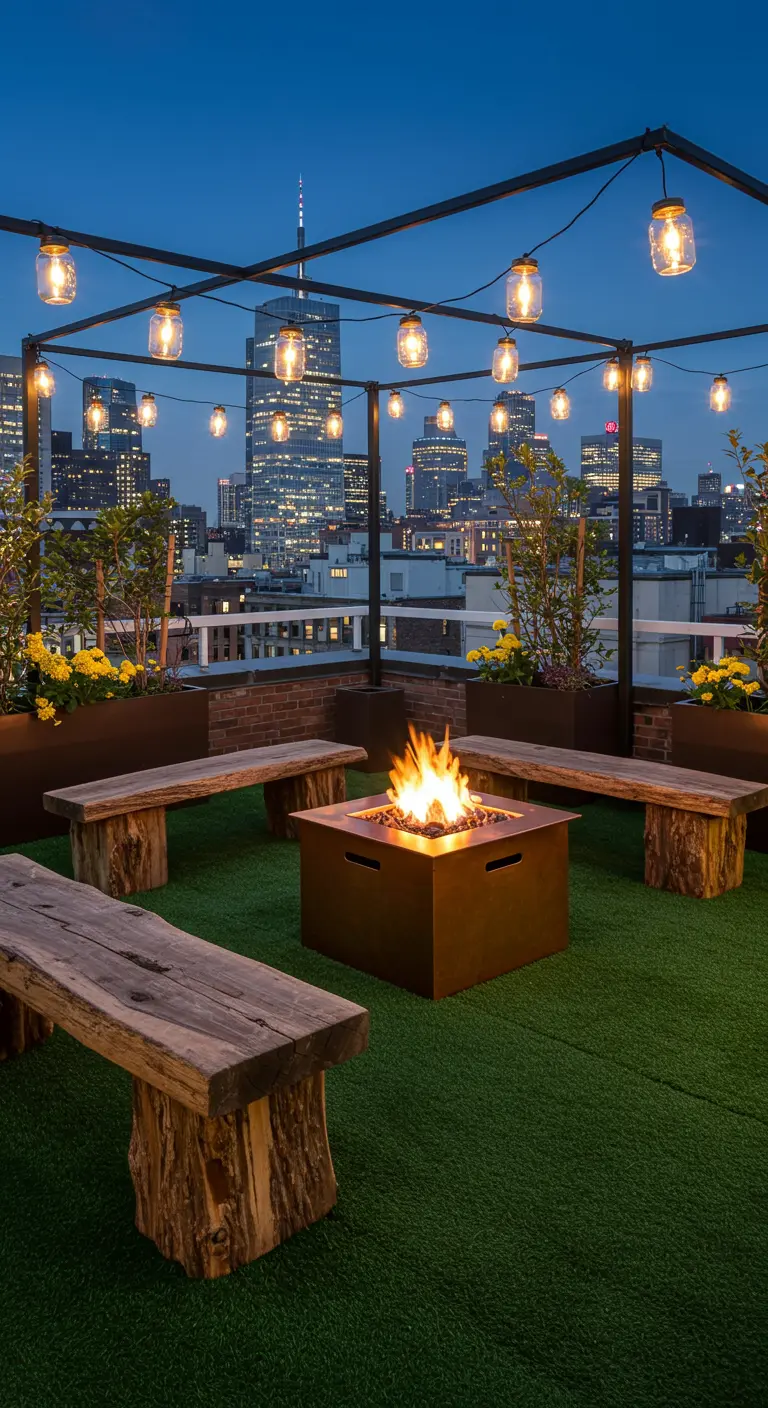 A city rooftop with a fire pit, rustic log benches, and mason jar lights framing the skyline.