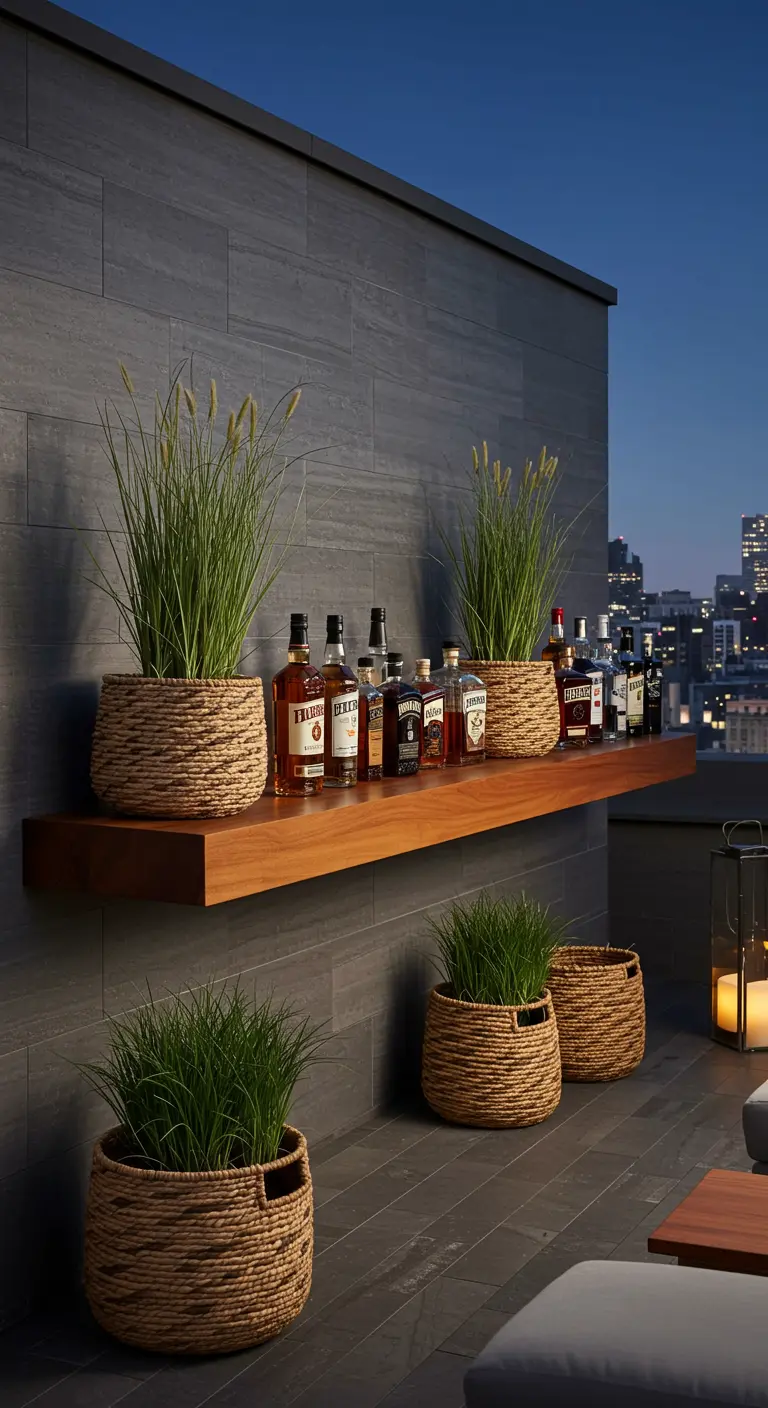 A long teak shelf on a rooftop patio used as a bar, flanked by grasses in woven baskets.