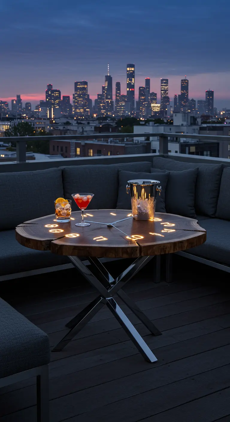 A wood slice table with illuminated numbers on a rooftop deck with a city skyline at night.