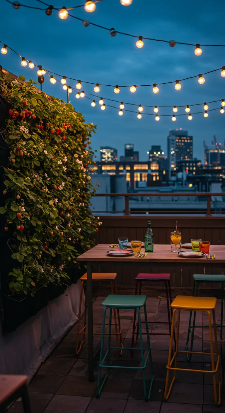 A rooftop bar with colorful stools and a vertical wall of strawberry plants under string lights.