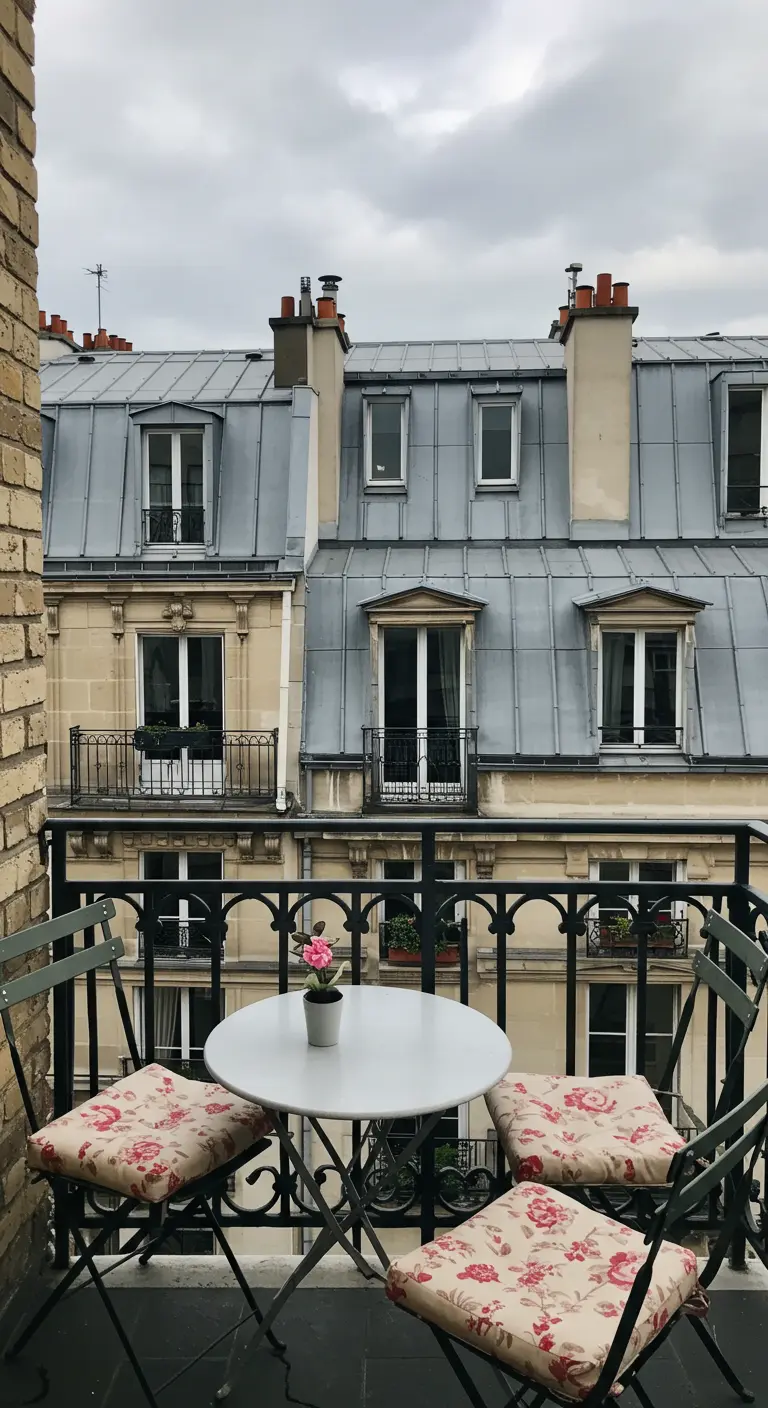 A simple bistro set on a balcony with a sweeping view of Parisian rooftops.