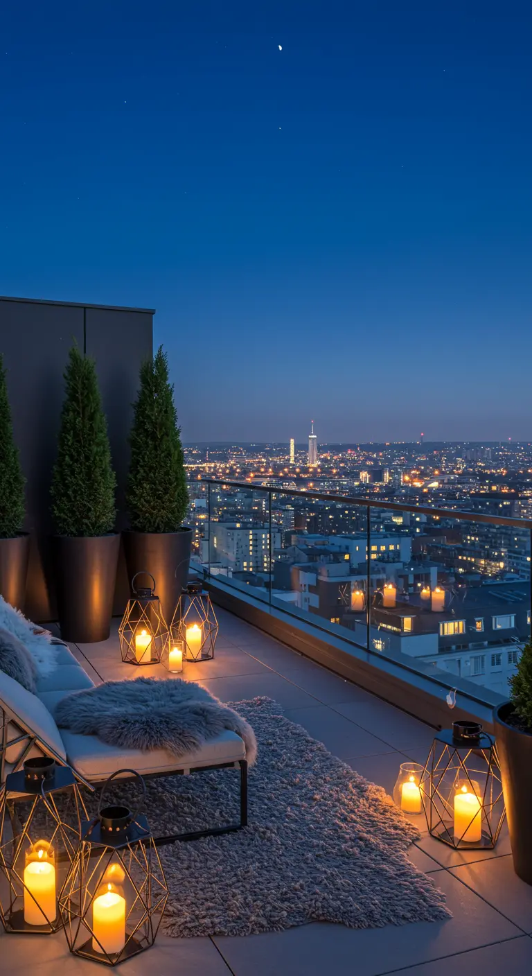 Modern rooftop terrace at night with a chaise lounge, geometric lanterns, and city views.