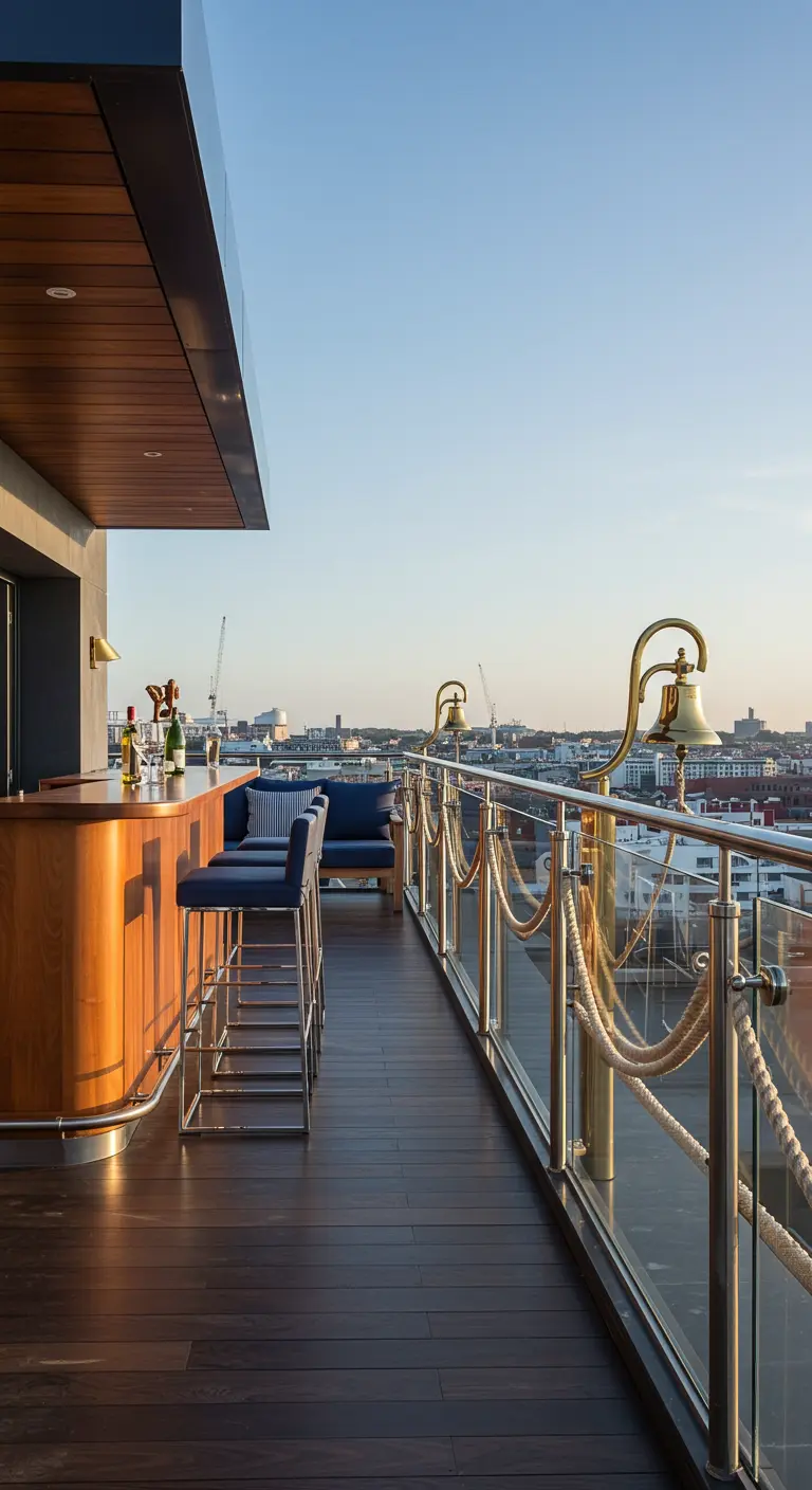 A modern rooftop bar with a wood counter, chrome railings, and brass ship's bells.