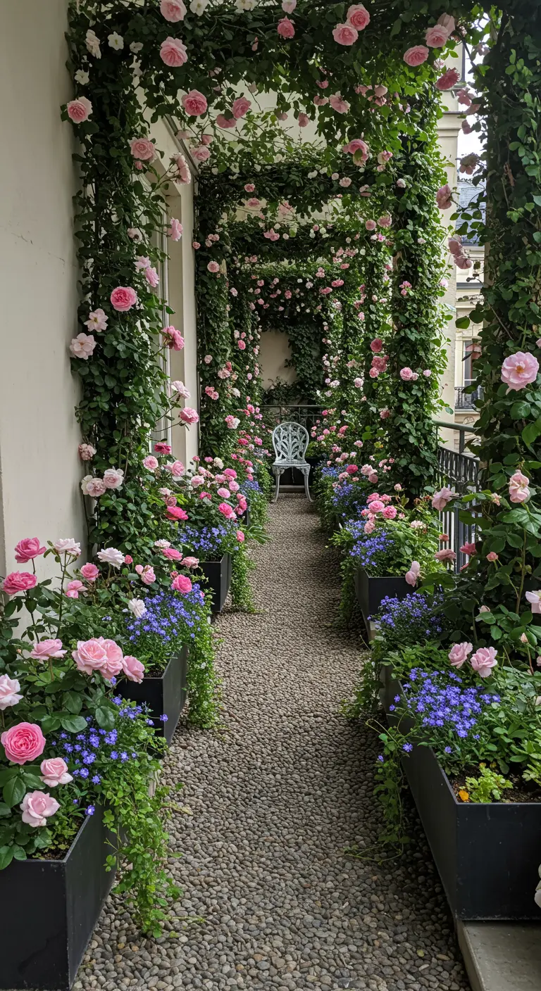 A long, narrow balcony transformed into a walkway covered by an arch of climbing roses.