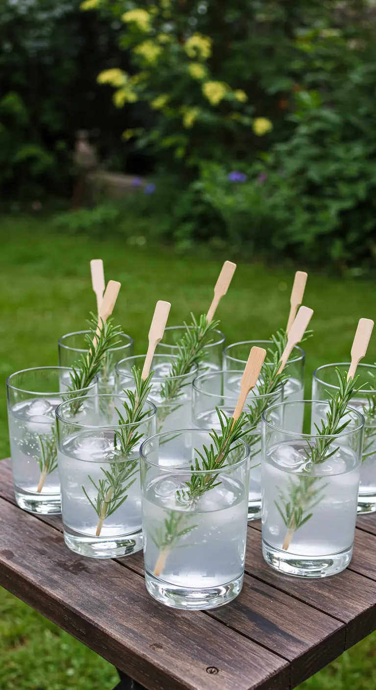Glasses of clear, bubbly drinks on a wooden tray, each garnished with a fresh sprig of rosemary.