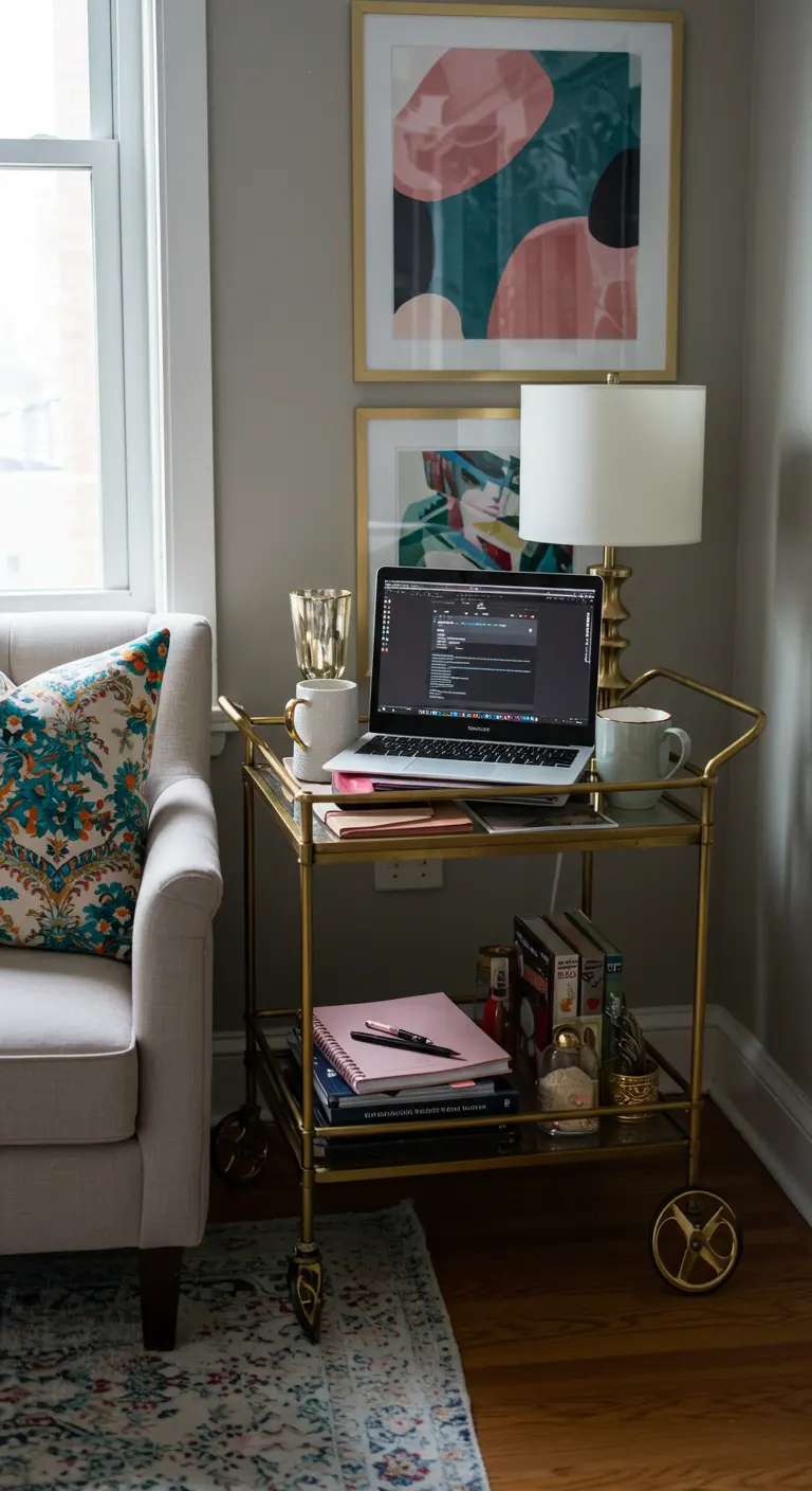 A gold bar cart used as a mobile desk, holding a laptop, books, and a lamp next to a sofa.