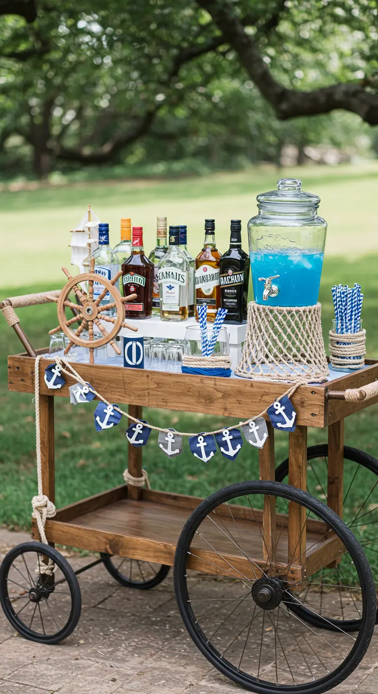 Wooden bar cart decorated with a nautical banner, ship's wheel, and blue punch.
