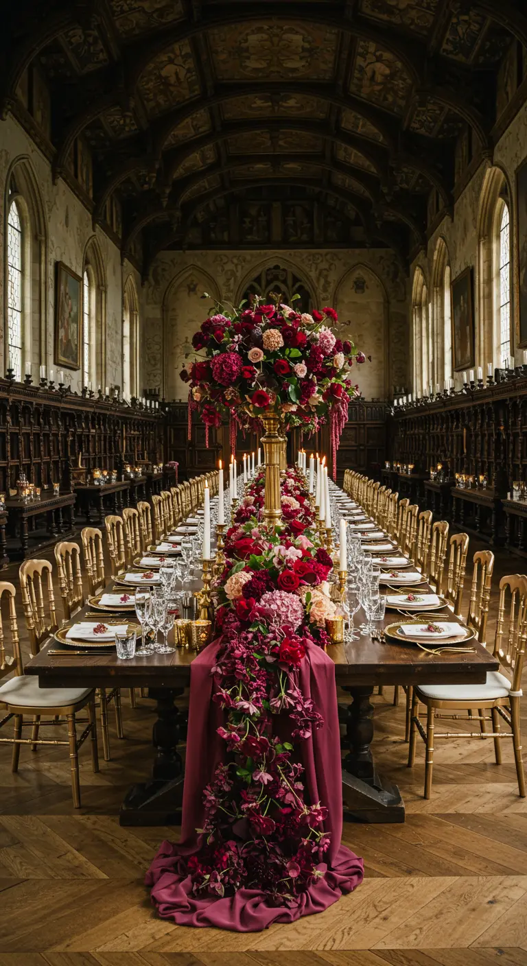 A grand dining hall with a long table featuring a dramatic, cascading crimson floral runner.