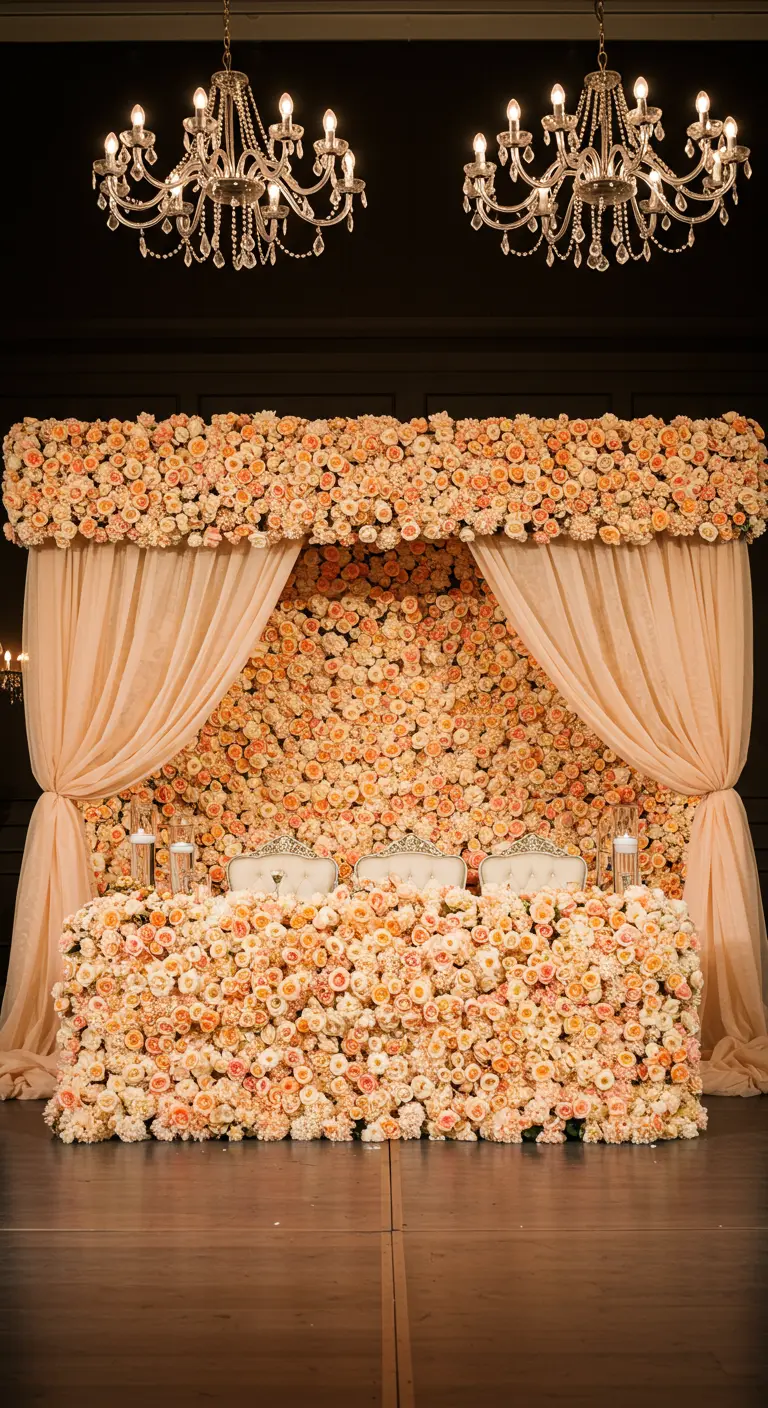 An opulent head table completely encased in a structure of peach and cream roses.