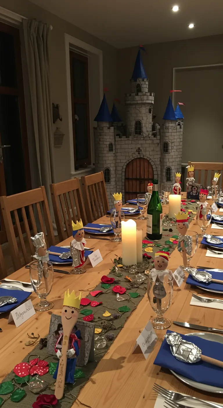 Wooden spoon puppets dressed as kings and queens on a formal dinner table with a castle centerpiece.