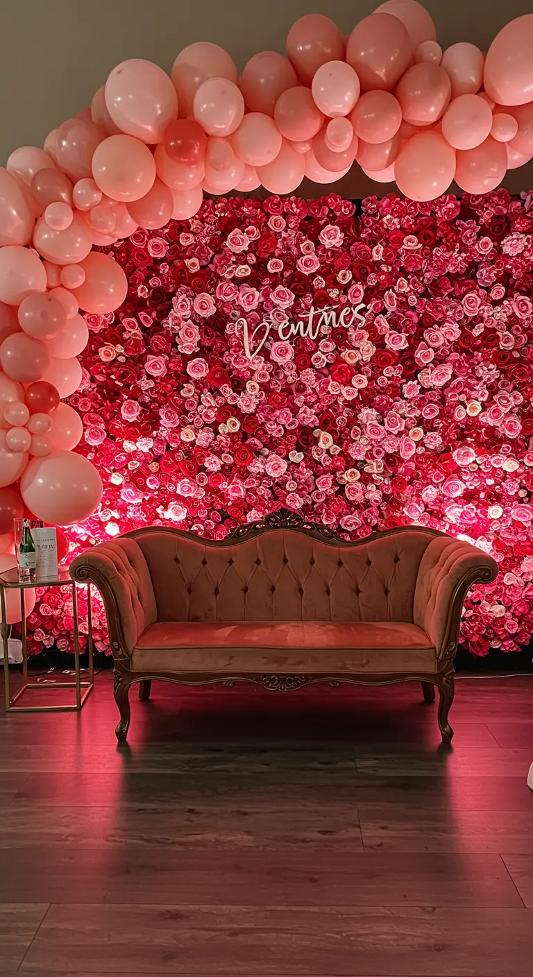 A vintage blush settee in front of a red rose wall and a pink balloon arch.