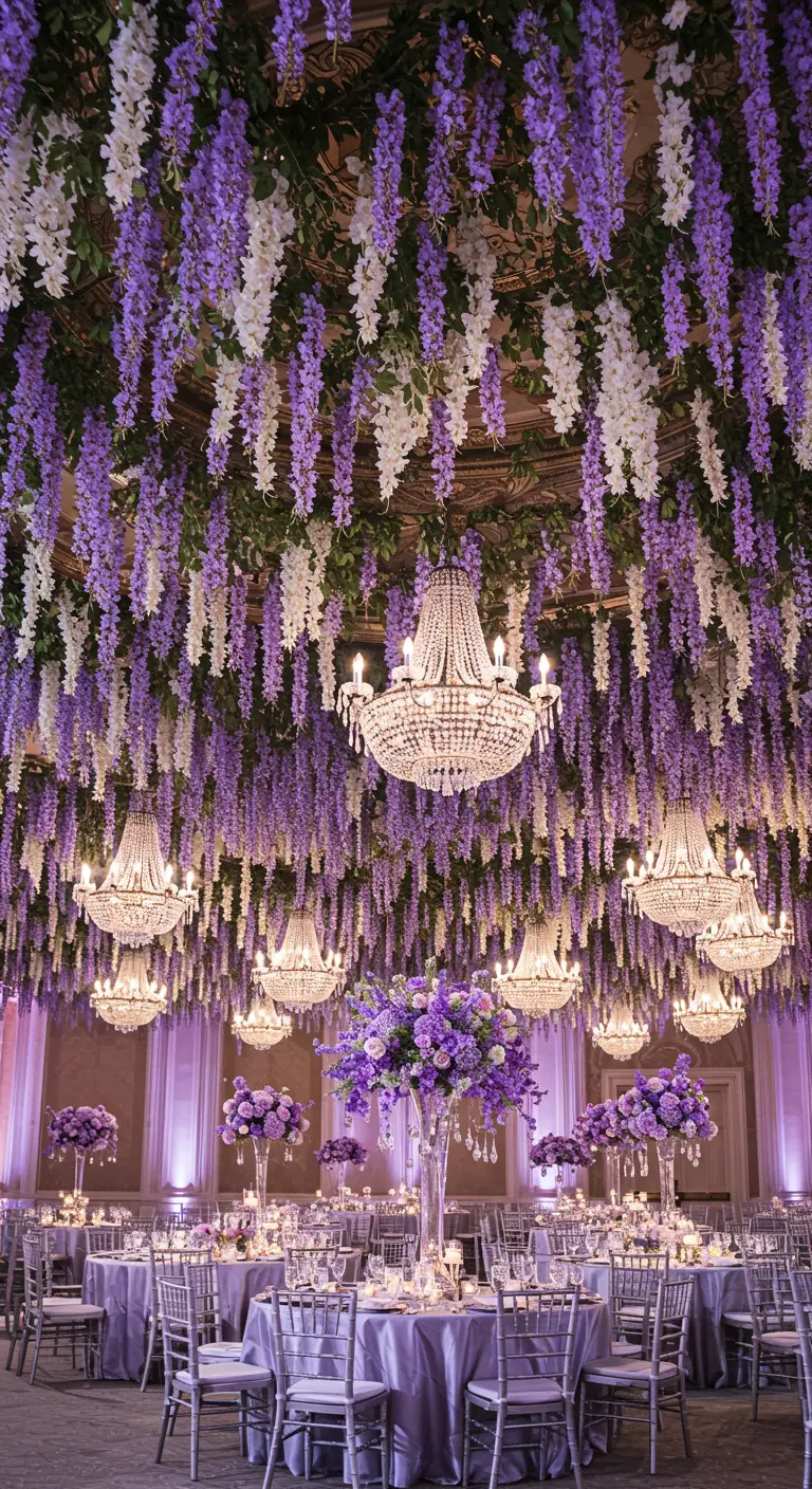 A stunning ballroom ceiling draped in purple and white wisteria with hanging chandeliers.