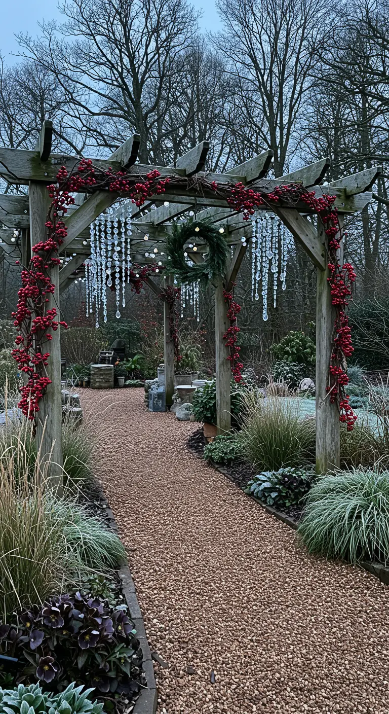 A wooden garden pergola decorated with red berry garlands and hanging crystal icicles.