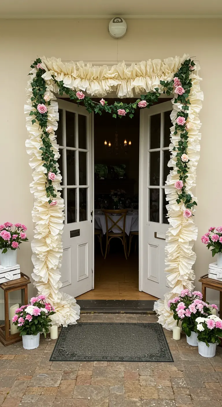 A doorway framed with dramatic, ruffled cream-colored crepe paper garlands intertwined with pink roses.