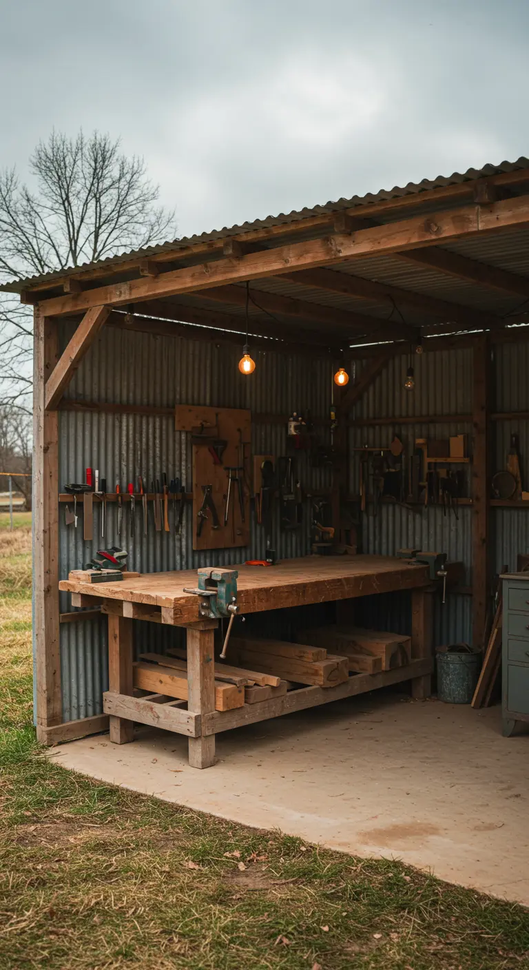 A rustic workshop under a pergola with a corrugated metal roof and a large wooden workbench.