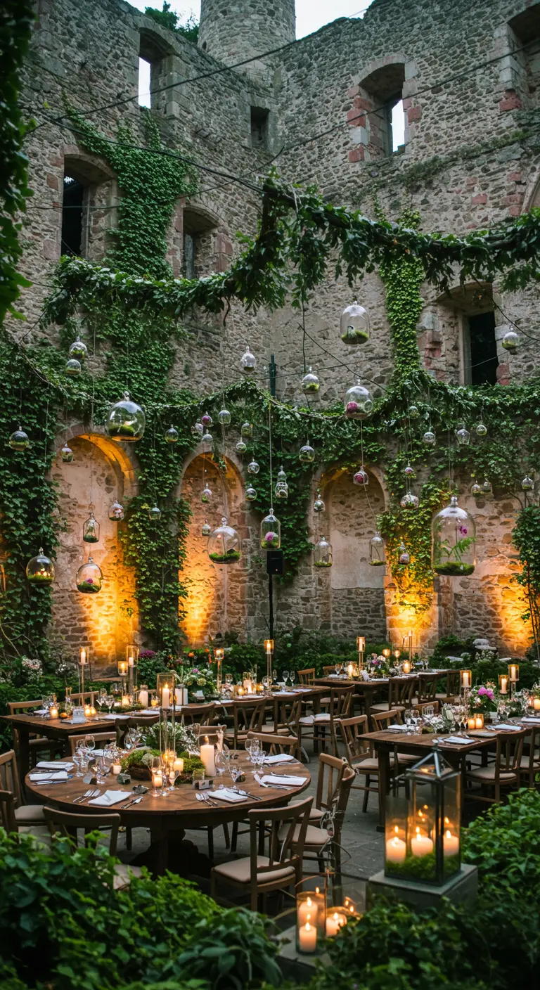 An outdoor wedding in castle ruins with dozens of hanging glass terrariums at night.
