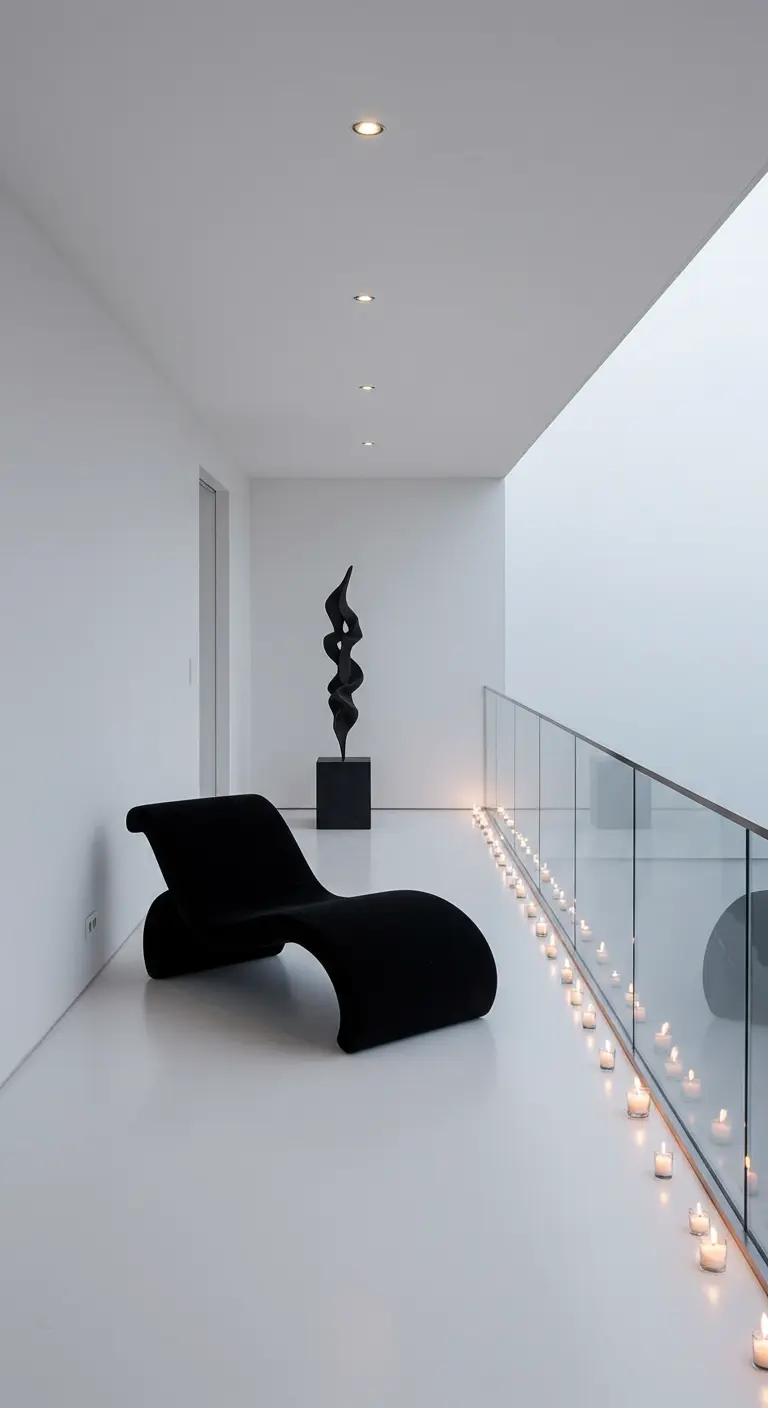 A minimalist white balcony with a black chaise lounge and a long, straight row of tealights on the floor.