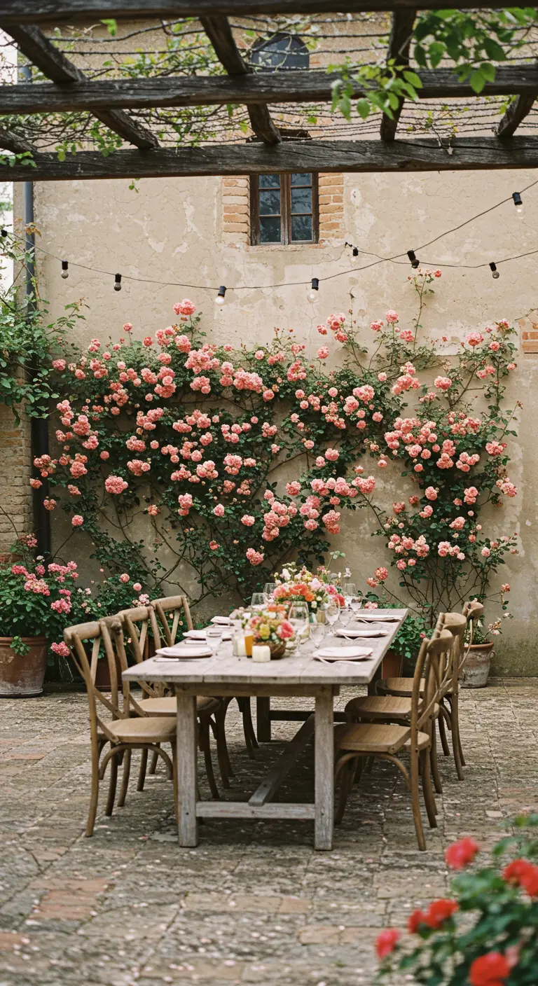 A long wooden dining table set for a party in front of a wall of climbing peach roses.
