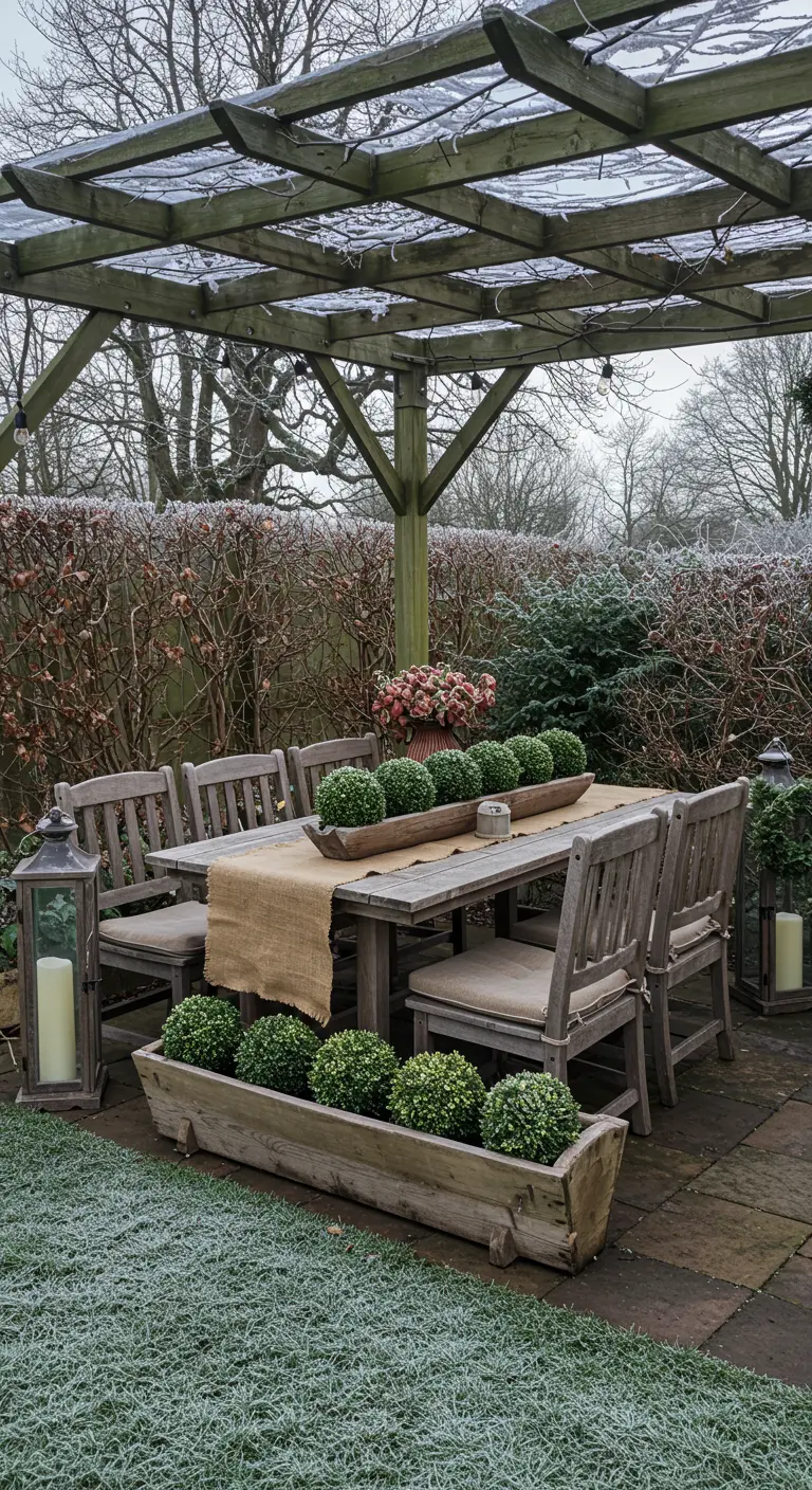 An outdoor wooden dining table with a burlap runner and boxwood ball arrangements.