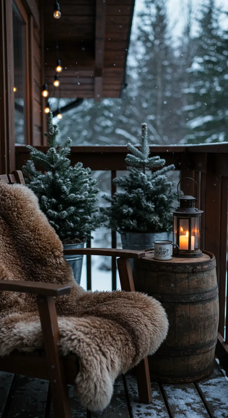 A wooden chair with a thick sheepskin throw on a snowy balcony next to a barrel table.