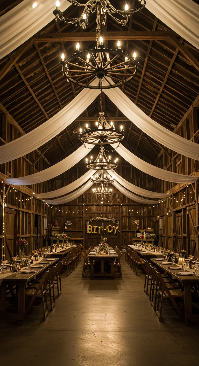 A grand barn decorated for a birthday party with long tables, chandeliers, and draped fabric.