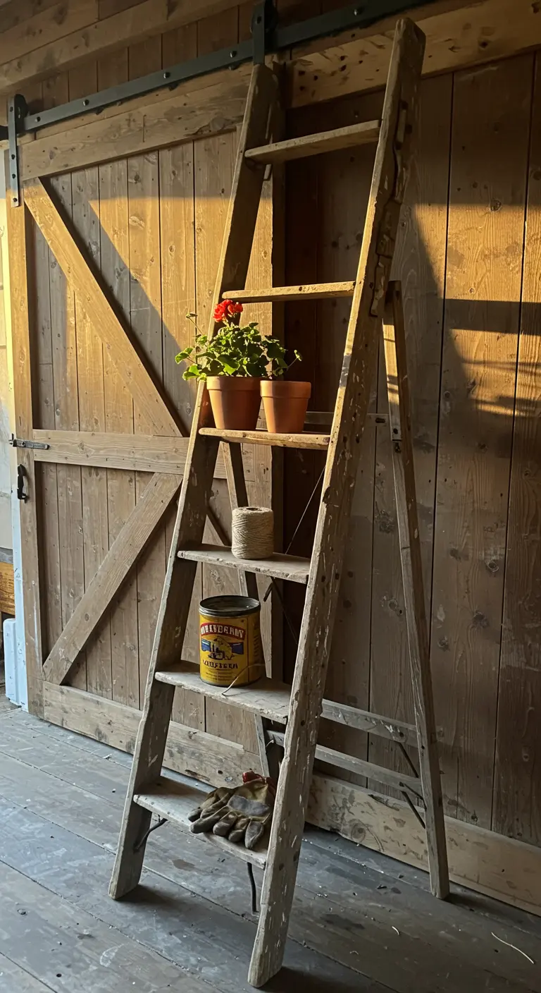 A simple, rustic ladder leaning against a wooden barn door, holding a few garden items.