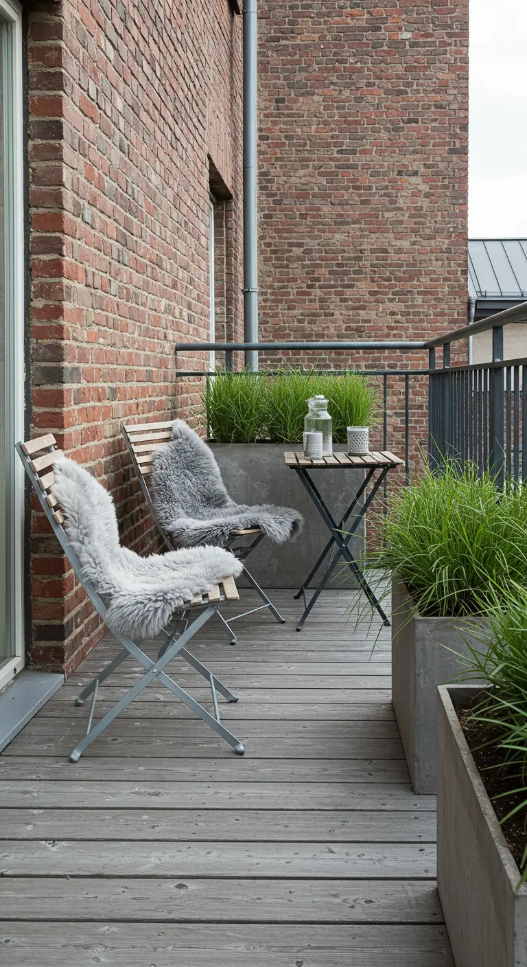 A balcony with a red brick wall, featuring concrete planters and chairs with sheepskin.