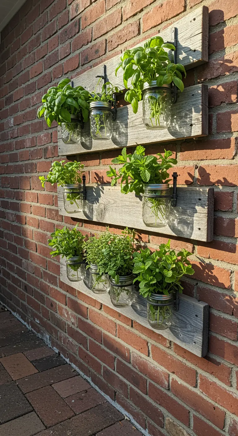 A vertical herb garden with three weathered wood planks mounted on a red brick wall, holding jars of herbs.