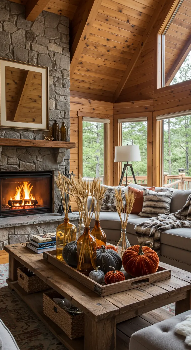 Rustic living room with a coffee table tray holding amber bottles and pumpkins.