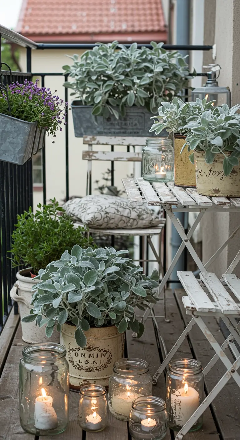 A rustic balcony with white weathered furniture, candles in jars, and silvery plants.