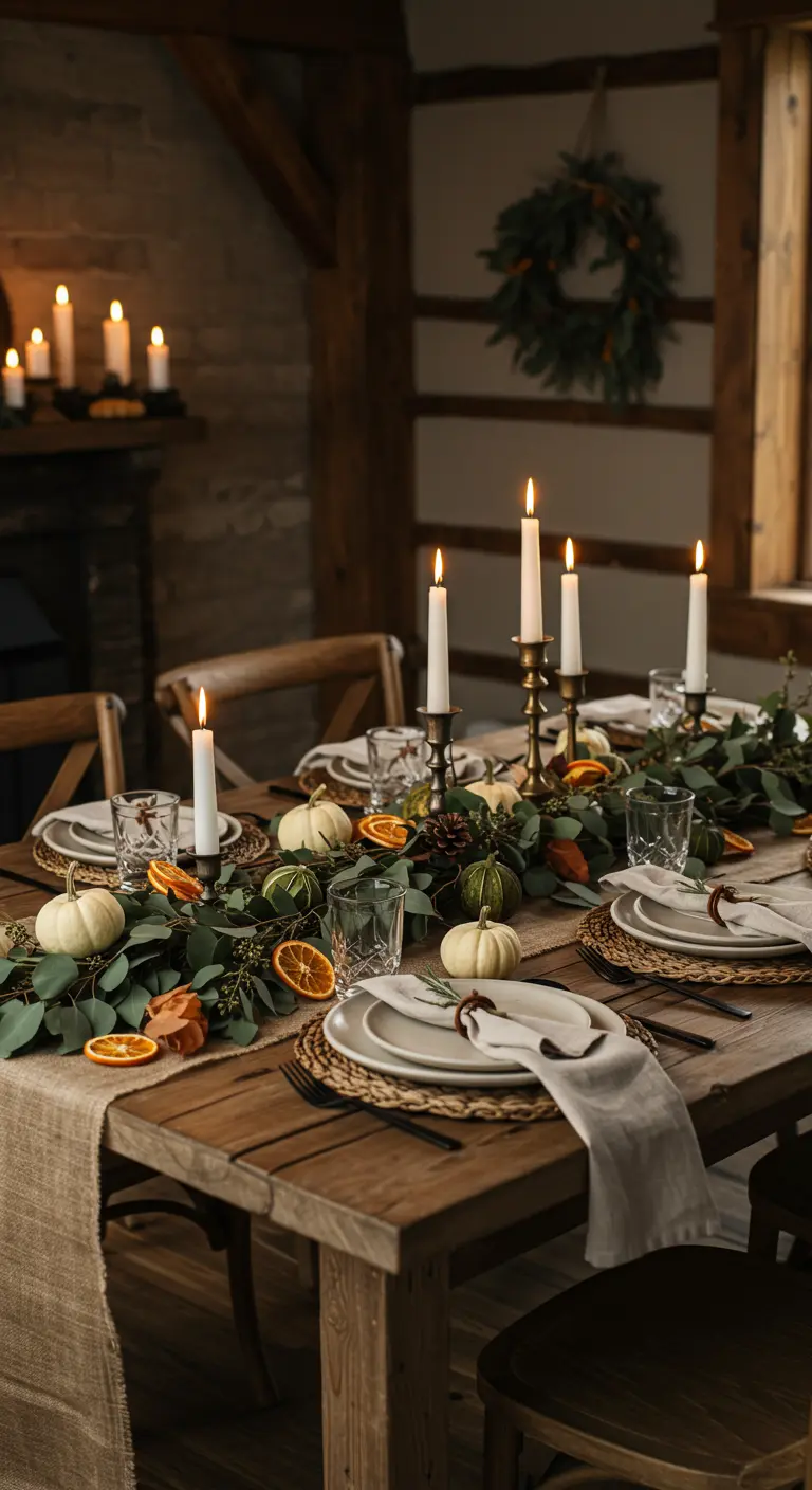 Rustic wooden table with a eucalyptus and pumpkin garland centerpiece, lit by tall taper candles.