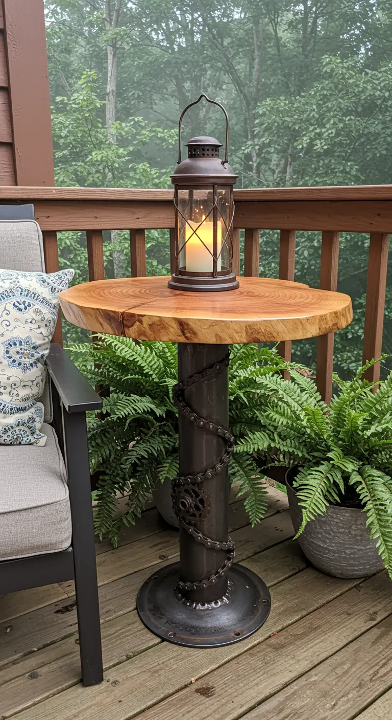 Live-edge wood side table with a base wrapped in a bicycle chain, next to a cozy chair.