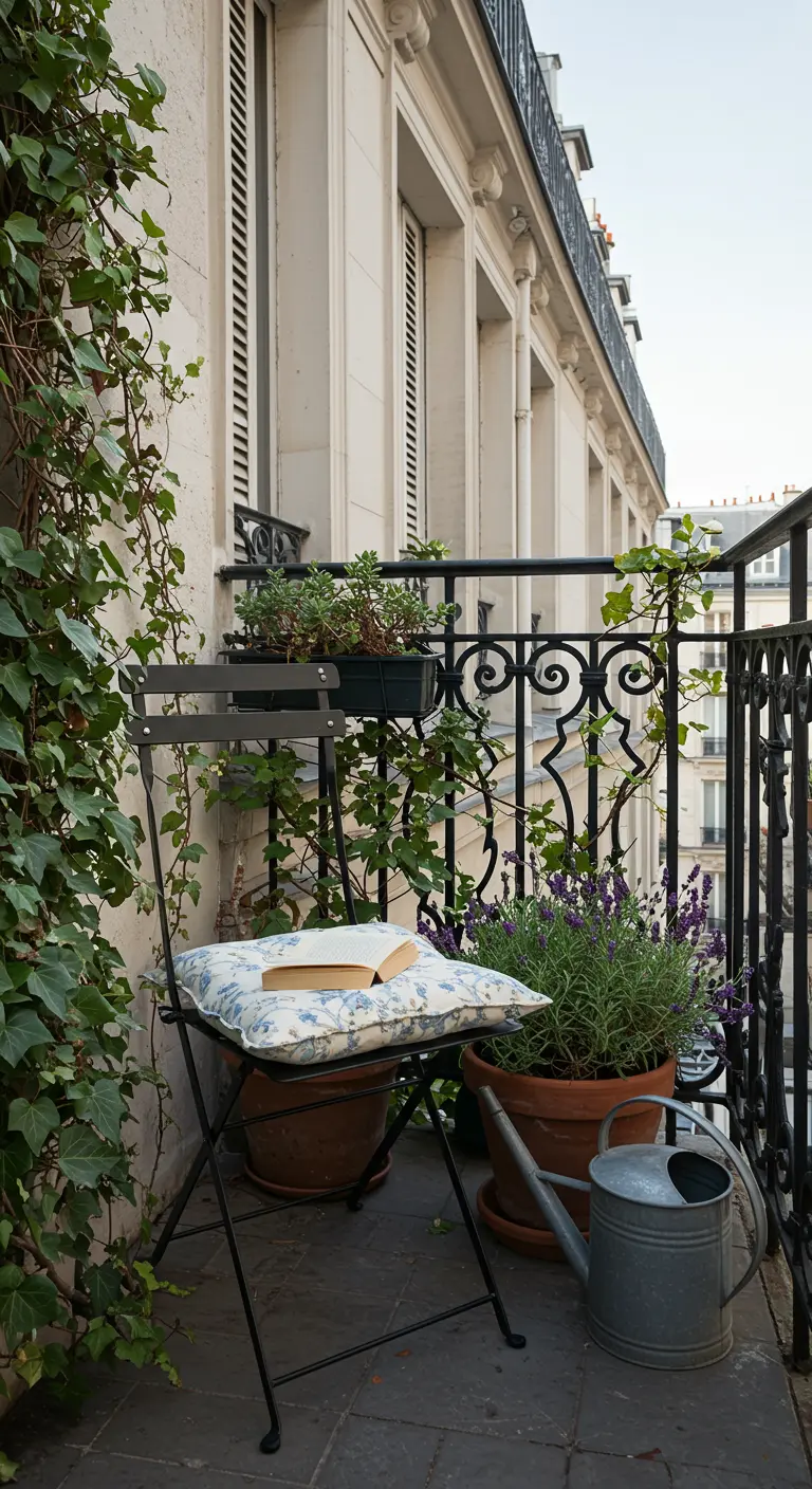 A quiet balcony corner with an ivy-covered wall, potted lavender, and a single bistro chair.